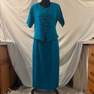 Vintage 90s l hand crafted teal women’s matching top and floor length skirt